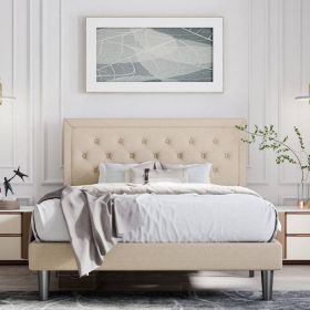 Adjustable Height Platform Bed Frame with Beige Upholstered Headboard (size: King)