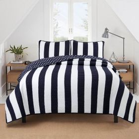 3 Piece Reversible Navy White Stars Stripes 100-Percent Cotton Quilt Set (size: King)