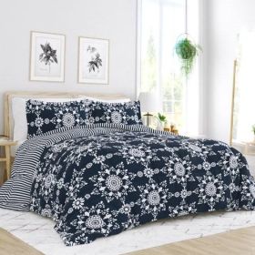 3-Piece Navy Blue and White Reversible Floral Striped Comforter Set (size: King)