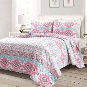 Southwest indian Style Polyester Pink Blue Striped Reversible Quilt Set (size: Full/Queen)