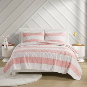 Pink White Stripe Reversible Rainbows Cotton Quilt Set (Option: 3 Piece, size: Full/Queen)