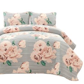 Polyester Black White Striped Rose Floral 3 Piece Quilt Set (size: King)