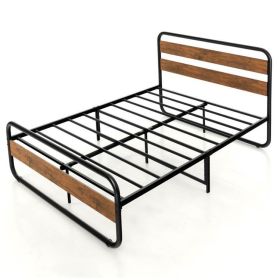 Industrial Wood and Metal Tube Platform Bed with Headboard and Footboard (size: Queen)