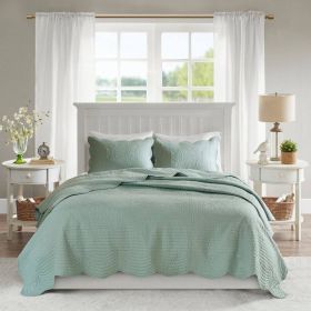 3 Piece Reversible Scalloped Edges Microfiber Quilt Set in Seafoam (size: King)