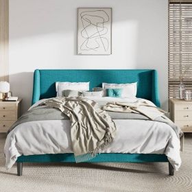 Turquoise Linen Blend Upholstered Platform Bed with Wingback Headboard (size: King)