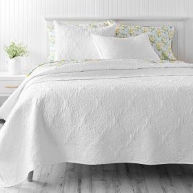 Cotton 3-Piece Quilt Set in White with Quilted Damask Pattern (size: King)