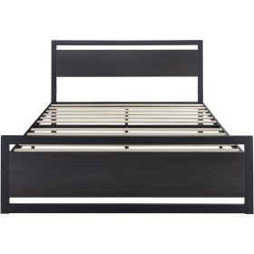Black Metal Platform Bed Frame with Wood Panel Headboard and Footboard (size: Queen)