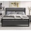 Black Metal Platform Bed Frame with Wood Panel Headboard and Footboard